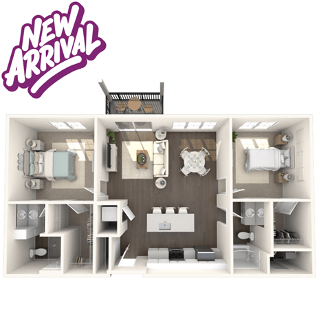 Floor plan for 2 beds, 2 baths, 1051 sqft